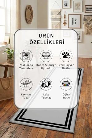 Çerçeve Açık Gri Siyah Salon Mutfak Yatak Odası Dijital Baskı Yolluk Halı Gri Siyah