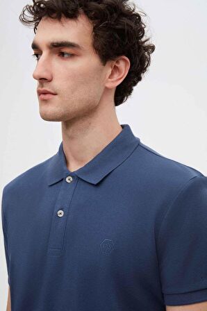 D'S Damat Regular Fit İndigo Pike Dokulu %100 Pamuk Kıvrılmaz Polo Yaka Nakışlı T-Shirt 4HC14ORT51000