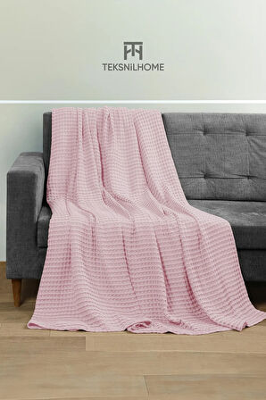 | %100 Pamuk Waffle Desen Pembe Çift Kişilik Pike |yatak Örtüsü | 200x230 | Çok Amaçlı Örtü