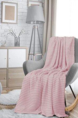 | %100 Pamuk Waffle Desen Pembe Çift Kişilik Pike |yatak Örtüsü | 200x230 | Çok Amaçlı Örtü