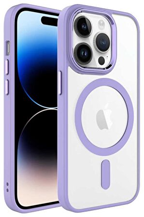 Apple iPhone 14 Pro Max Kılıf Renkli Kenar Şeffaf Kamera Çevresi Metal Magsafe TPU Silikon