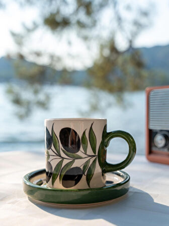 El Yapımı Zeytin Dalı Desenli Seramik Fincan Kupa