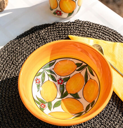 El Yapımı Limon Desenli 16x6,5 cm Seramik Kase