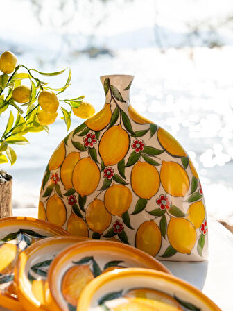 El Yapımı 20 cm Limon Desenli Dekoratif Vazo