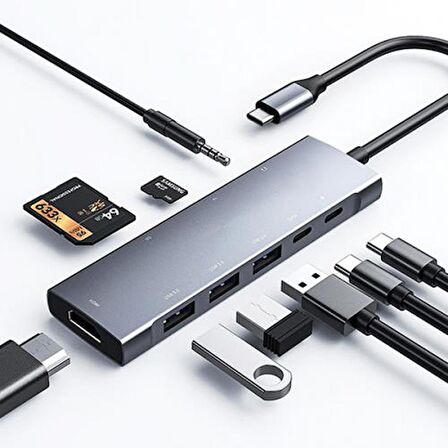 Coofbe 9in1 Type-C Hub Type-C to 4K 30hz HDMI 3.5mm TF USB 3.0 USB 2.0*2 SD TF Dönüştürücü Hub