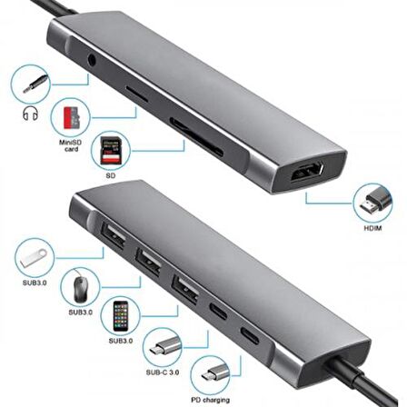 Coofbe 9in1 Type-C Hub Type-C to 4K 30hz HDMI 3.5mm TF USB 3.0 USB 2.0*2 SD TF Dönüştürücü Hub
