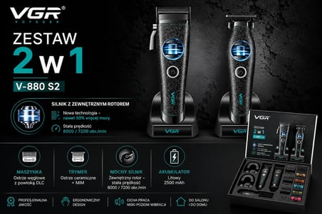 V-880-S2 Profesyonel Saç Sakal Tıraş Makinesi Seti BLDC Motor DLC Bıçak 2'li Clipper Trimmer Combo - Siyah Karbon