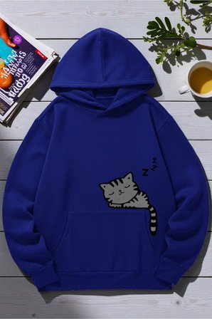Unisex Uyuyan Kedi Baskılı kapüşonlu Sweatshirt
