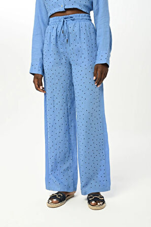 KADIN BELİ LASTİKLİ BOL PAÇA ÖNÜ TAŞ İŞLEMELİ %100 KETEN PANTOLON