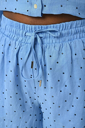 KADIN BELİ LASTİKLİ BOL PAÇA ÖNÜ TAŞ İŞLEMELİ %100 KETEN PANTOLON