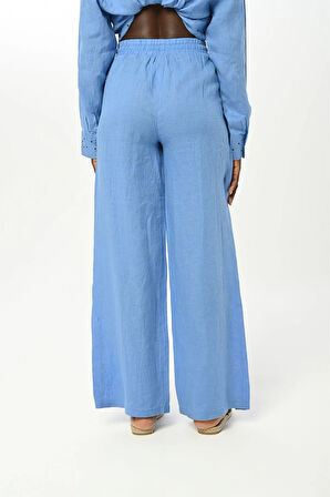 KADIN BELİ LASTİKLİ BOL PAÇA ÖNÜ TAŞ İŞLEMELİ %100 KETEN PANTOLON