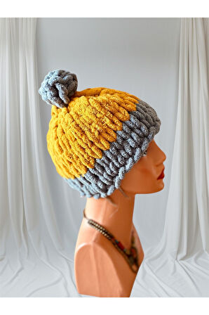 El yapımı puffy ponponlu örgü bere, polar bere Hardal / Standart