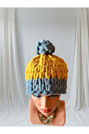 El yapımı puffy ponponlu örgü bere, polar bere Hardal / Standart