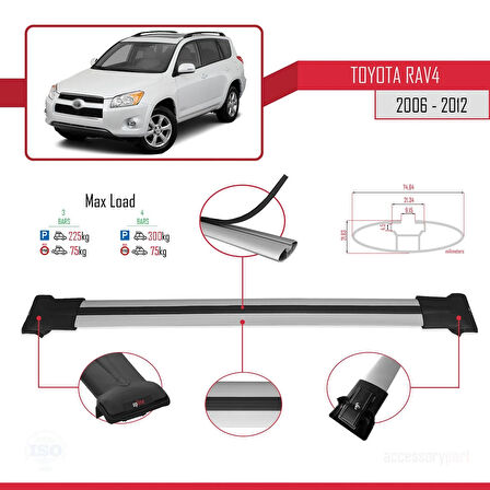 Toyota RAV4 III (XA30) 2006-2012 Arası ile Uyumlu FLY Model Ara Atkı Tavan Barı Gri 3 Adet