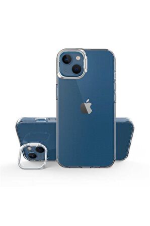 Apple iPhone 14 Plus Kılıf Renkli Kamera Lens Stand Olan Lüx Şeffaf Kapak