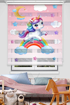 Unicorn ve Gökkuşağı Baskılı Zebra Stor Perde - Rainbow Baskılı Çocuk Odası Perdesi