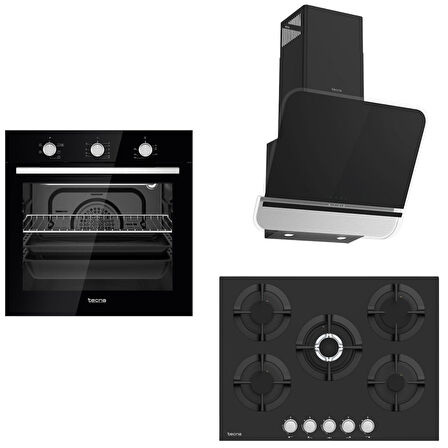 Tecna Siyah Ankastre Set  (8471 5 Gözlü Döküm Izgara 70 Cm Ankastre Ocak-8126 6 Fonksiyon Fırın-Tecna 8871 60 cm Duvar Tipi Davlumbaz)