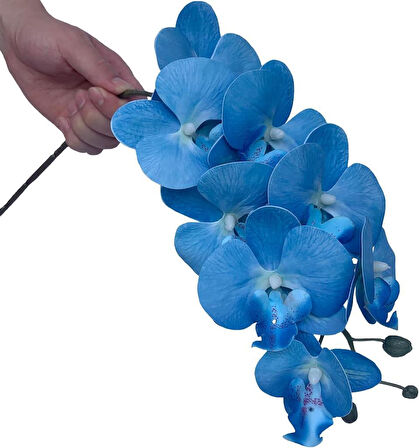 4lü Set Yapay Çiçek Mavi Islak Orkide ve 2 Adet Orkide Yaprağı Gerçeksi Doku Uzun Dal 90cm