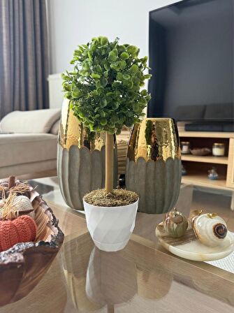 Yapay Ağaç Şimşir Top Tek Toplu 12x31cm Beyaz Saksıda 