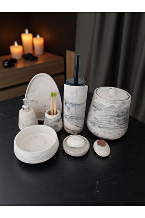 Mermer Desen 11 Parça Beton Banyo Seti,Tuvalet Wc,Çöp Kova,Sabunluk ,Diş Fırçalığı,Tepsi,Aksesuar