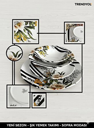 6 Kişilik Modern Çizgili / Floral Desenli 24 Parça Porselen Yemek Seti
