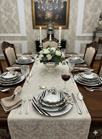 6 Kişilik Modern Çizgili / Floral Desenli 24 Parça Porselen Yemek Seti