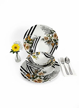 6 Kişilik Modern Çizgili / Floral Desenli 24 Parça Porselen Yemek Seti