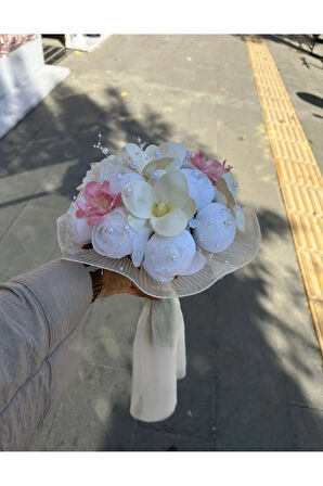 Soft manolya gelin buketi, gelin çiçeği tüllü incili