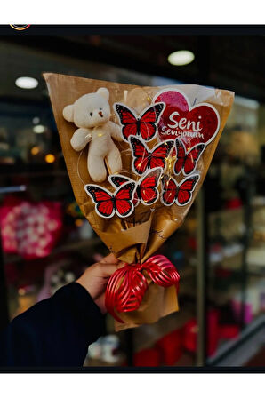 Sevgililer Günü özel Ledli Kelebekli Ayıcık  Buketi Kırmızı kelebek