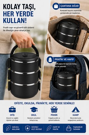 SAS HAUS 3 Katlı Paslanmaz Çelik Yemek Kabı 1800 ML Sızdırmaz Kapaklı Taşınabilir Lunch Box