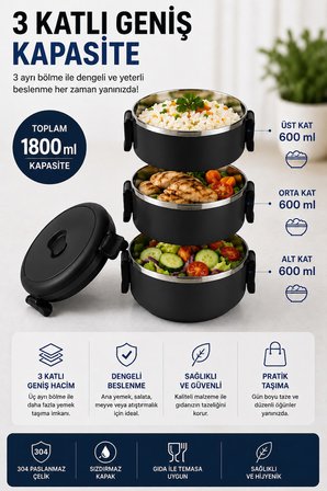 SAS HAUS 3 Katlı Paslanmaz Çelik Yemek Kabı 1800 ML Sızdırmaz Kapaklı Taşınabilir Lunch Box