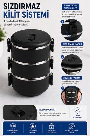 SAS HAUS 3 Katlı Paslanmaz Çelik Yemek Kabı 1800 ML Sızdırmaz Kapaklı Taşınabilir Lunch Box