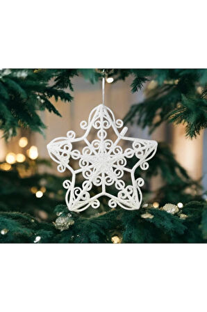 Yılbaşı Süsü Simli Dantel Desenli Yıldız Beyaz 15 cm