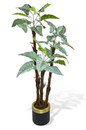 Yapay Ağaç Fil Kulağı Yeşil Metal SiyahGold Vazoda 3Katlı 27Yaprak 120cm Salon Çiçeği Yapay Çiçek