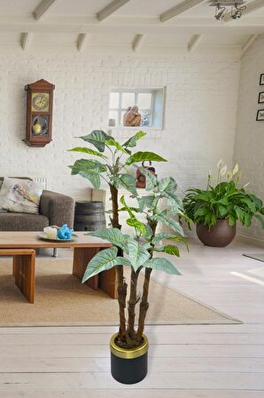 Yapay Ağaç Fil Kulağı Yeşil Metal SiyahGold Vazoda 3Katlı 27Yaprak 120cm Salon Çiçeği Yapay Çiçek