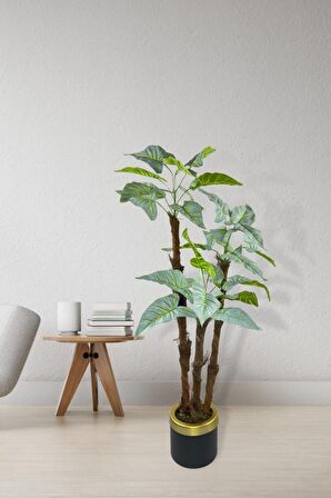 Yapay Ağaç Fil Kulağı Yeşil Metal SiyahGold Vazoda 3Katlı 27Yaprak 120cm Salon Çiçeği Yapay Çiçek