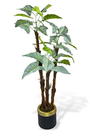 Yapay Ağaç Fil Kulağı Yeşil Metal SiyahGold Vazoda 3Katlı 27Yaprak 120cm Salon Çiçeği Yapay Çiçek
