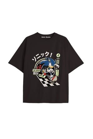 UNİSEX Bay Sonic Desenli Siyah Yazlık T-shirt
