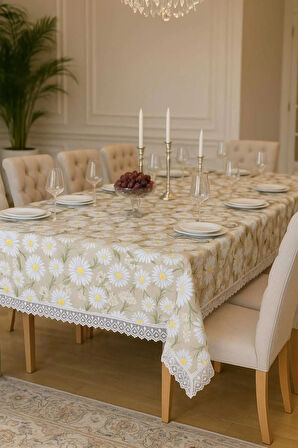 Lüks Papatya Masa Örtüsü - Dantel Süslemeli Modern Tasarım Leke Tutmaz Su Geçirmez