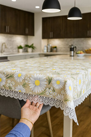 Lüks Papatya Masa Örtüsü - Dantel Süslemeli Modern Tasarım Leke Tutmaz Su Geçirmez