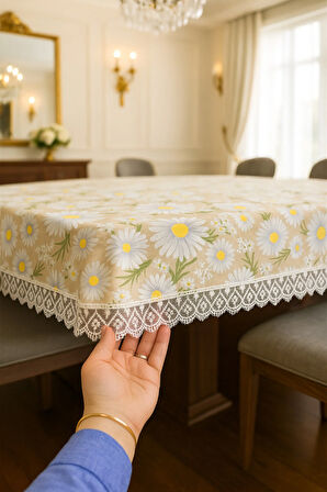 Lüks Papatya Masa Örtüsü - Dantel Süslemeli Modern Tasarım Leke Tutmaz Su Geçirmez