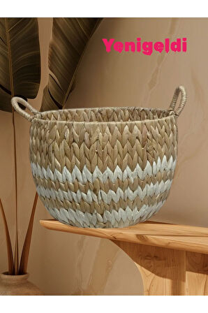 1 Adet Doğal Hasır Sepet (23CM*36CM*TABAN 24 CM) Beyaz Çizgili Yen240014k