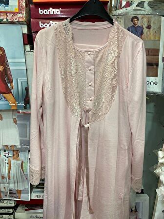 NEHİR 2036  Pudra Hamile Lohusa 3Lü Pijama Sabahlık Takım