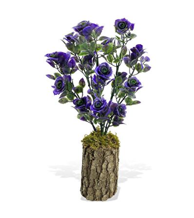 Yapay Çiçek Kütükte Mor Güllü Demet Dekoratif Masa Çiçeği 30*20cm