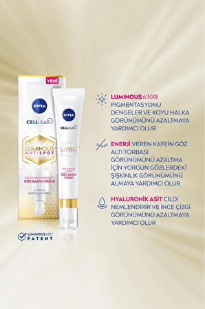 Nivea Luminous630 Koyu Halka Karşıtı Göz Bakım Kremi 15ml, Aydınlık Göz Çevresi, Hyaluronik Asit Etkili