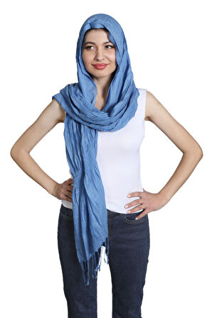 Mavi Renk Dokulu Pamuklu Polyester Şal Fular