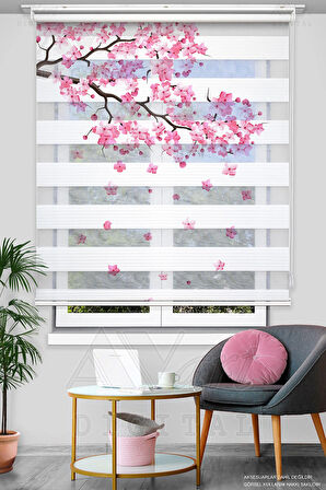 Japon Kiraz Çiçeği Desenli Dijital Baskılı Zebra Stor Perde - Genç Odası Perdesi - Blossom