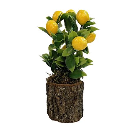 Yapay Ahşap Kütük Saksılı Limon Dekoratif Hediye LM100