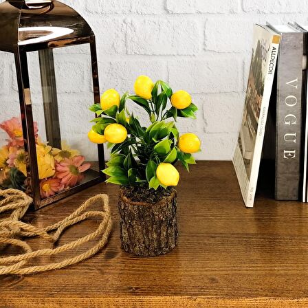 Yapay Ahşap Kütük Saksılı Limon Dekoratif Hediye LM100