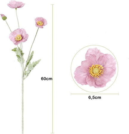 Yapay Çiçek Gelincik Çiçeği Gülkurusu Renk 3 Çiçek 1 Tomurcuk 59Cm